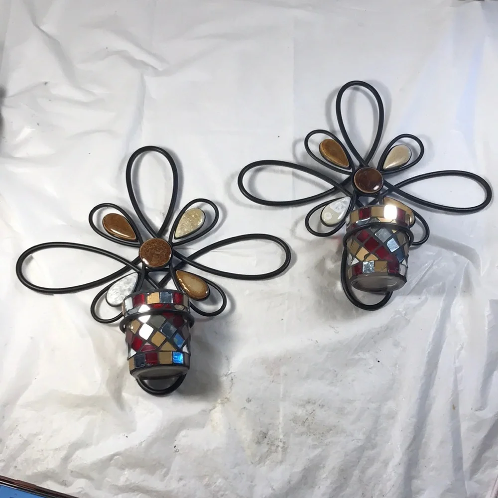 Decorative Metal and Mosaic Candle Holders and Stones Vintage Wall Sconces